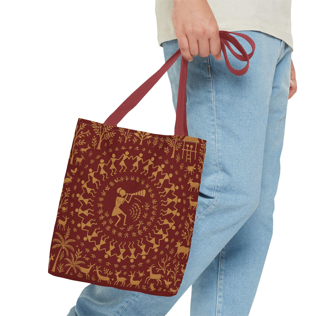 Warli Art Red and Gold Tote Bag | Tribal Folk Painting