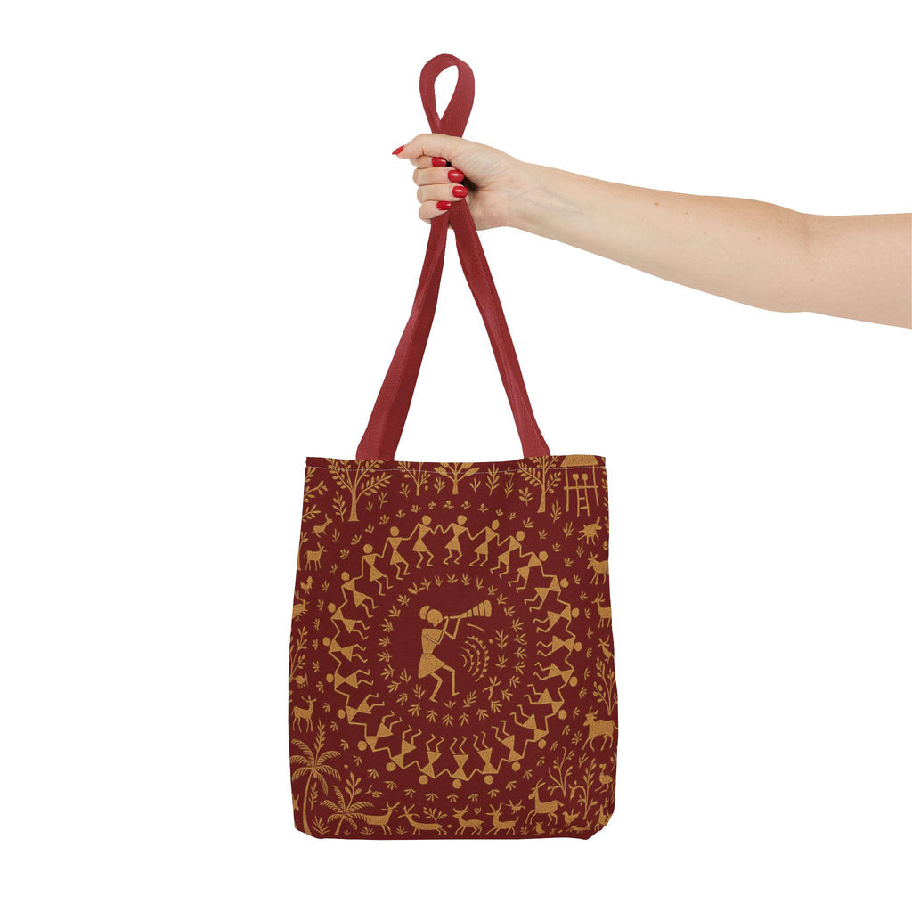 Warli Art Red and Gold Tote Bag | Tribal Folk Painting