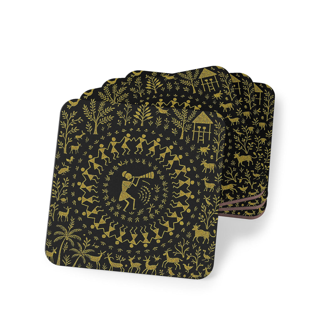 Warli Tribal Dance Coasters | Folk Art Cork Back Drink Coaster