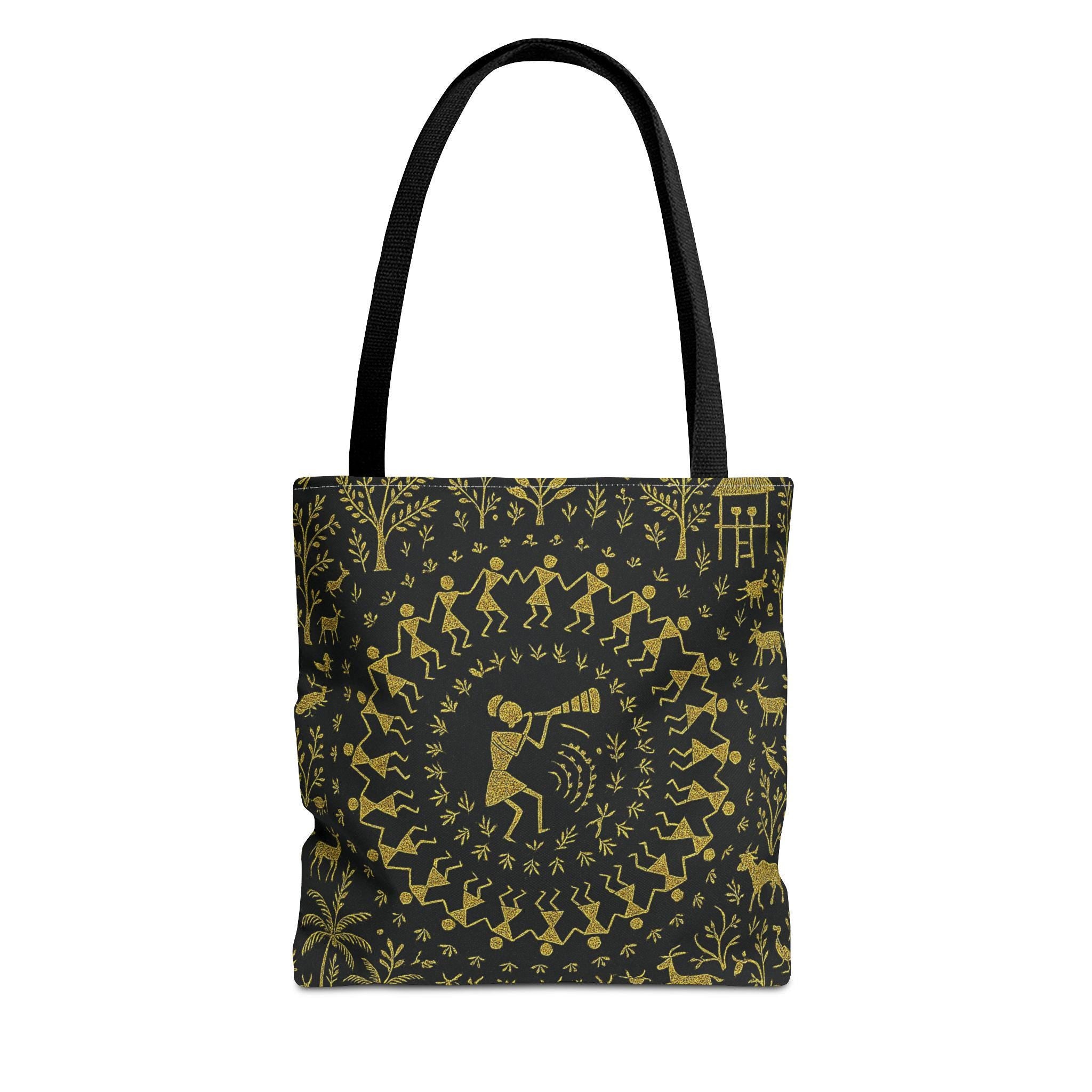 Warli Tribal Black and Gold Tote Bag | All-Over Print