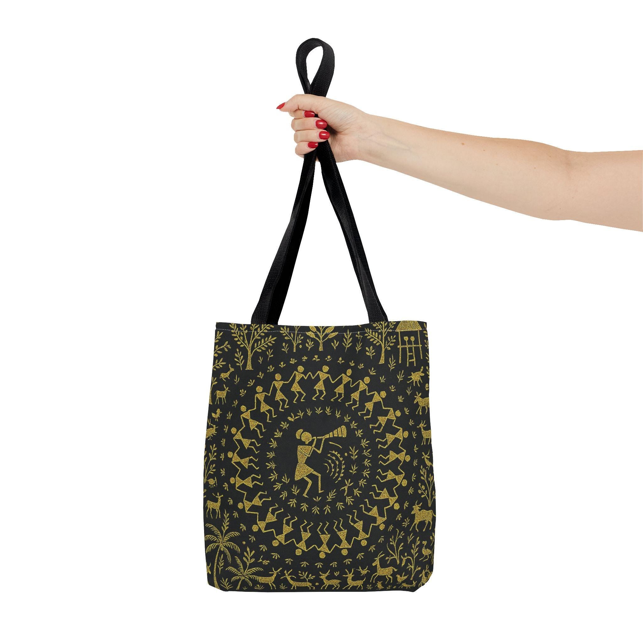 Warli Tribal Black and Gold Tote Bag | All-Over Print