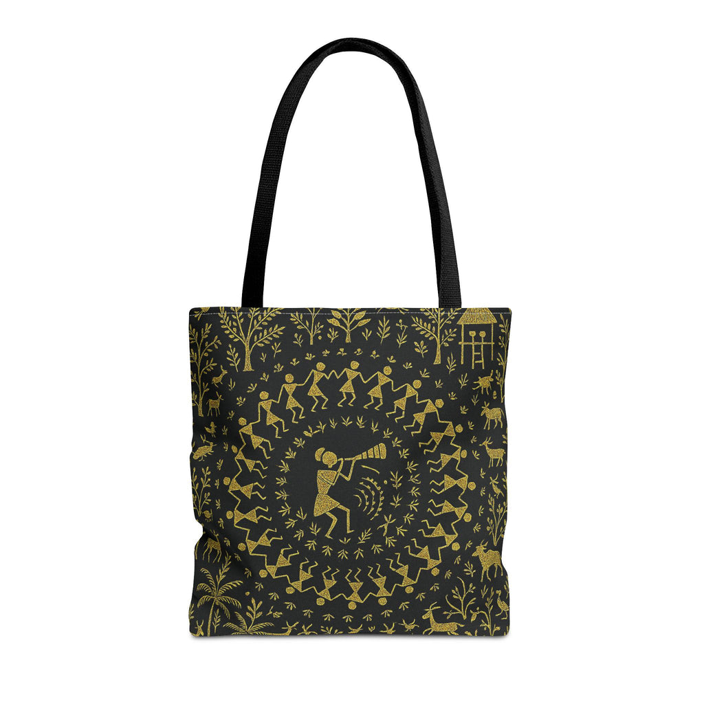 Warli Tribal Black and Gold Tote Bag | All-Over Print