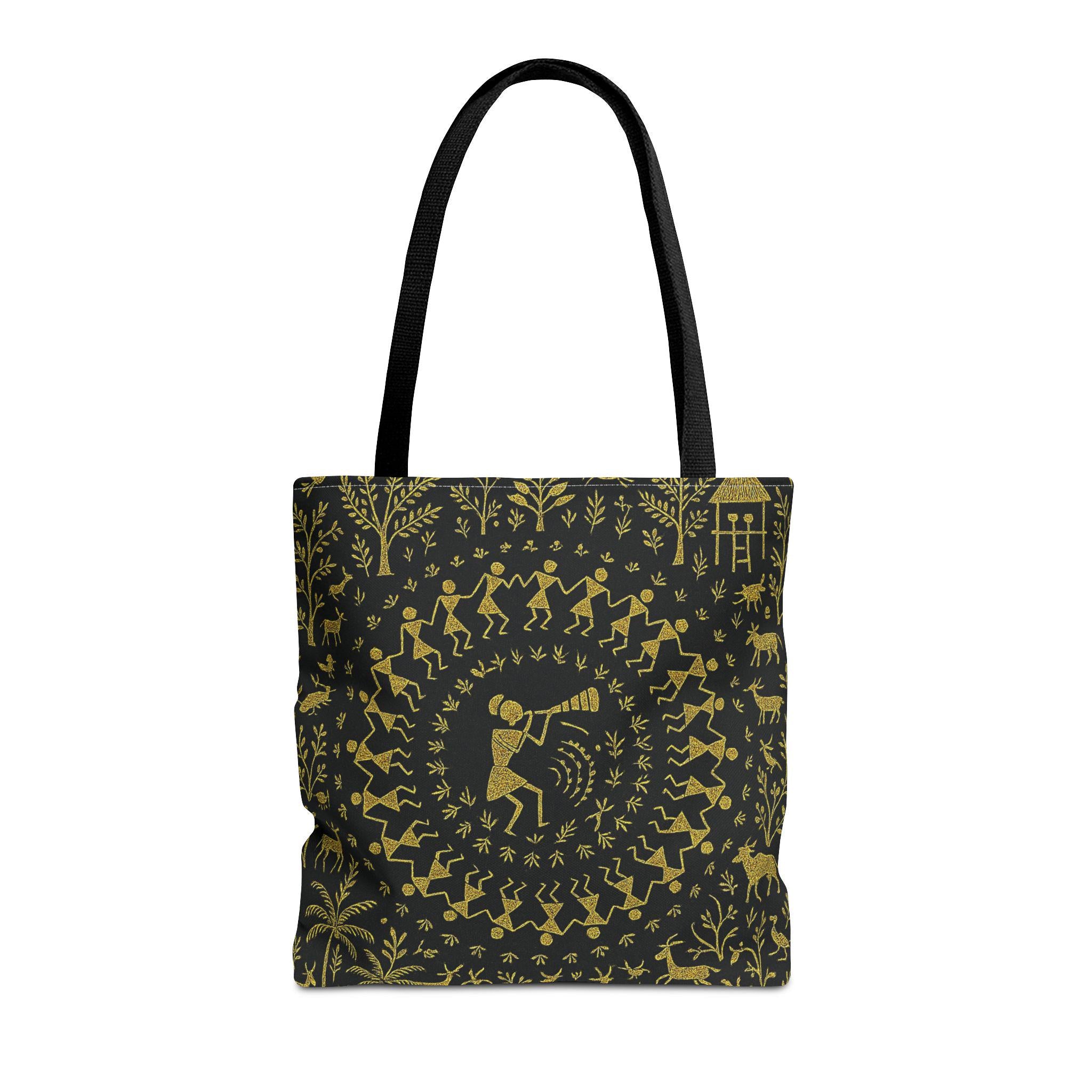 Warli Tribal Black and Gold Tote Bag | All-Over Print