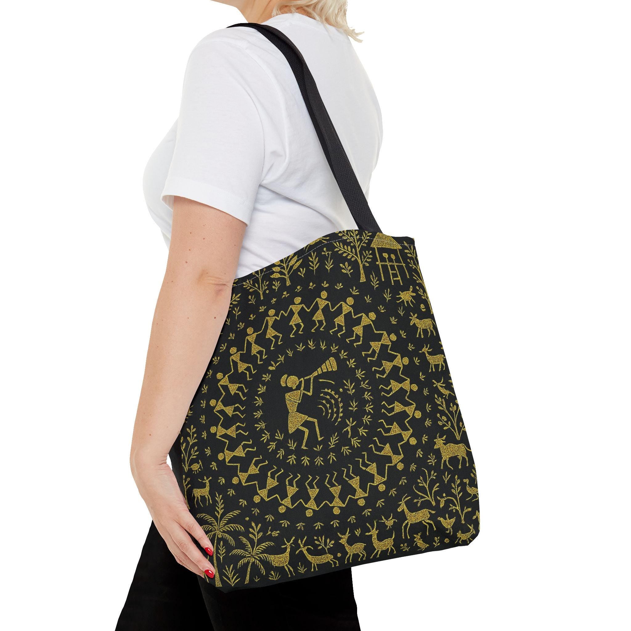 Warli Tribal Black and Gold Tote Bag | All-Over Print