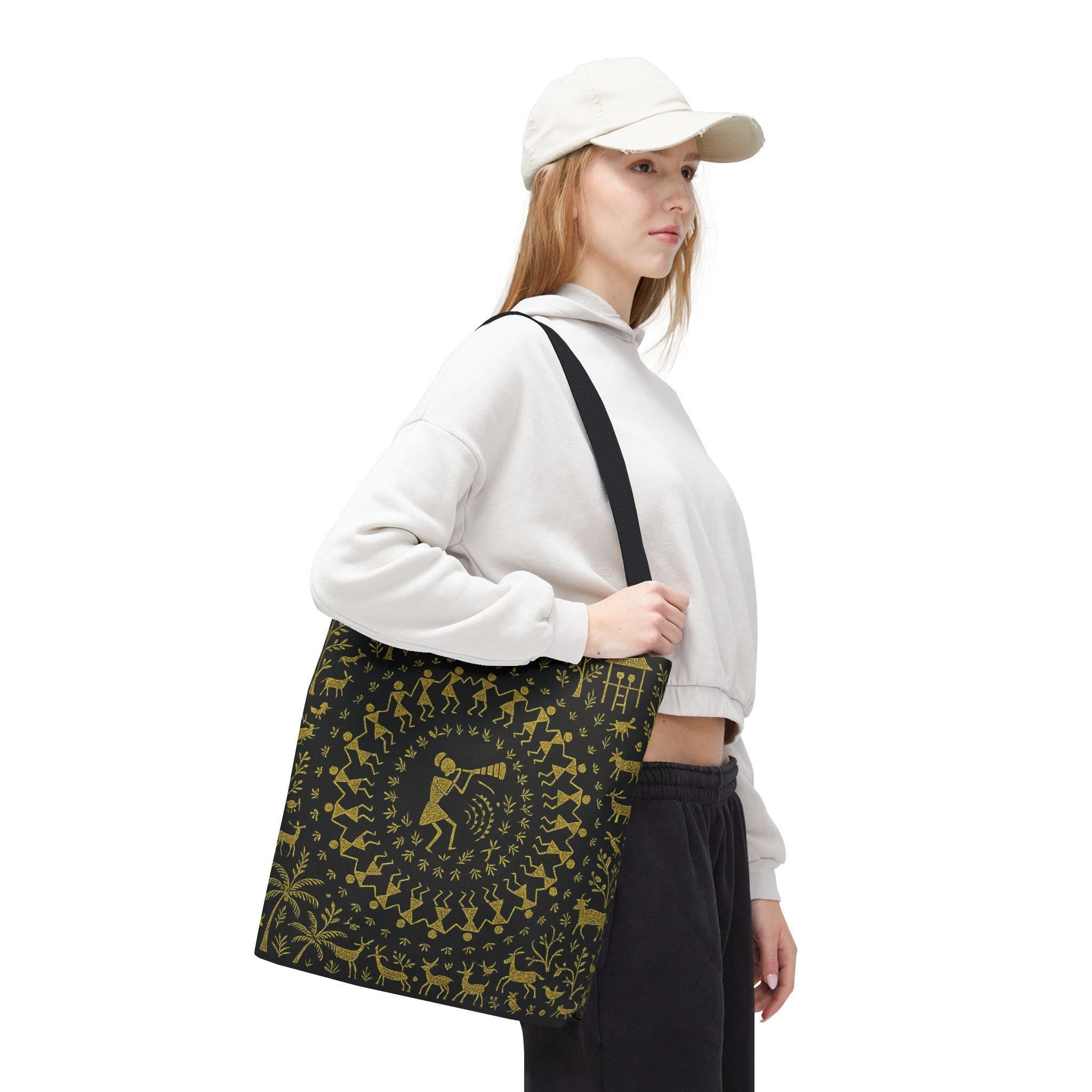 Warli Tribal Black and Gold Tote Bag | All-Over Print