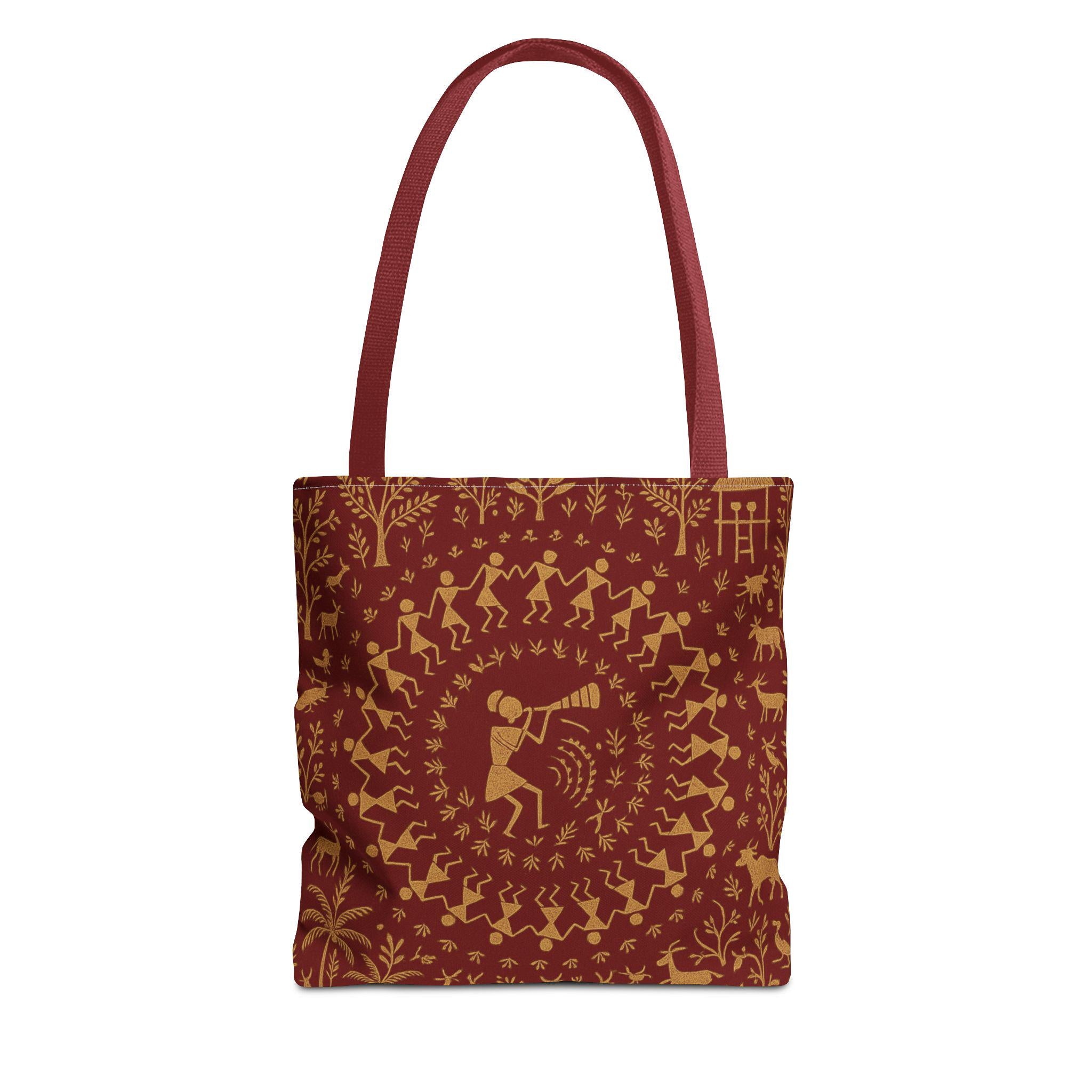 Warli Art Red and Gold Tote Bag | Tribal Folk Painting