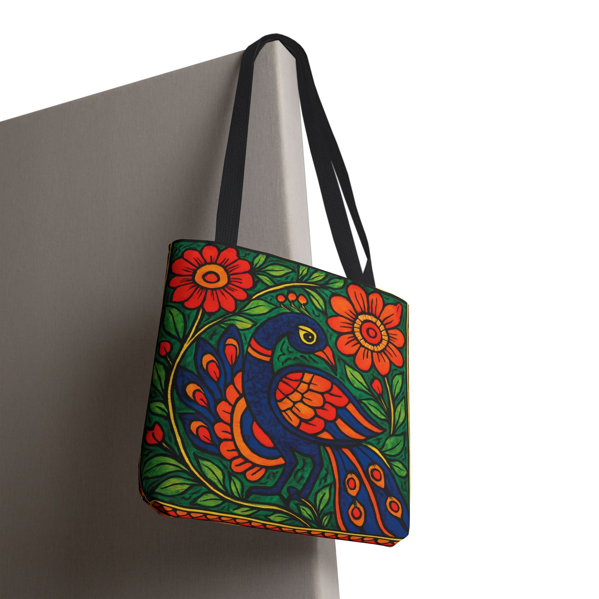 Indian Tote Bag – Vibrant Madhubani Peacock Art Bag